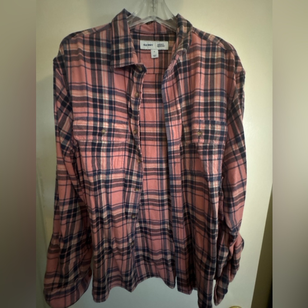Old Navy Men’s Plaid Flannel Button Down Shirt XL Built-In Flex Pink Blue